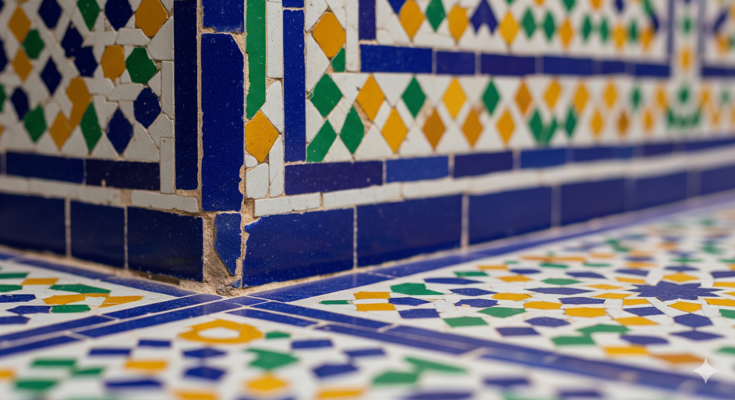 A close-up of intricate, colorful zellij tiles, a signature design feature of the coolest and most authentic Marrakech riads for a memorable stay.
