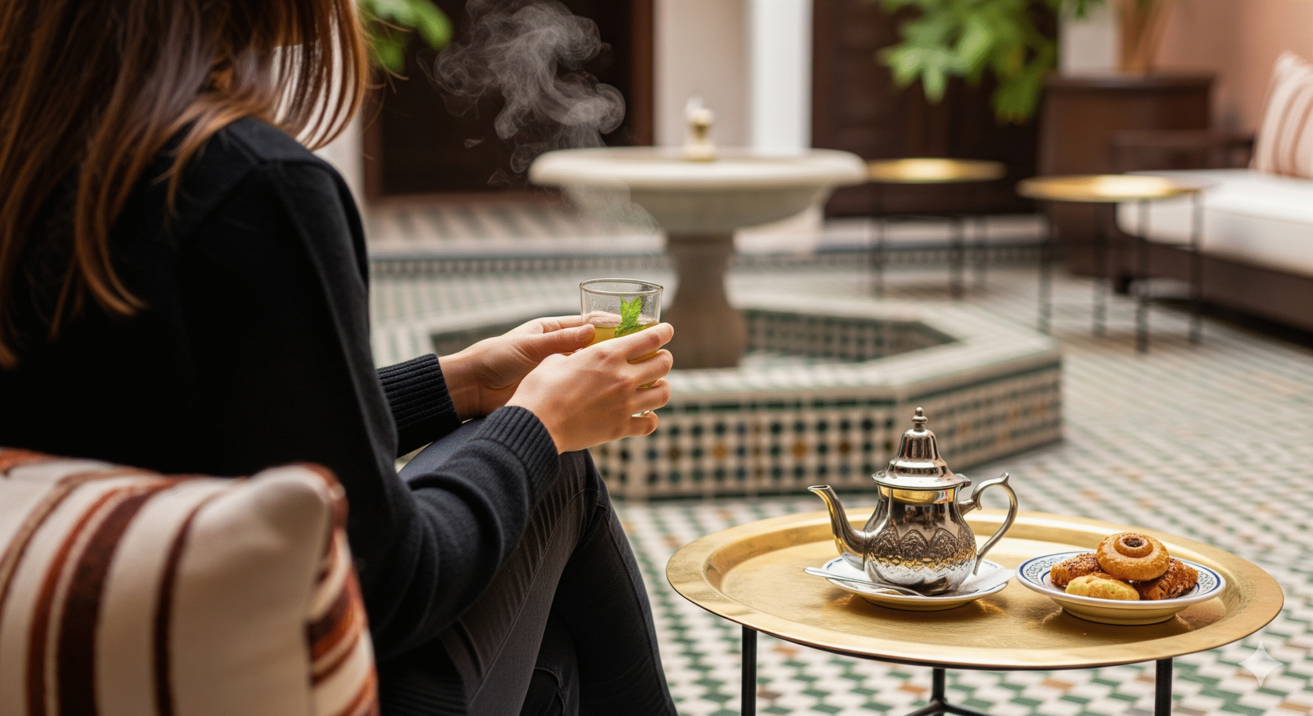 A guest enjoying mint tea in a peaceful courtyard, highlighting the authentic experience offered by the coolest riads in the Marrakech Medina.