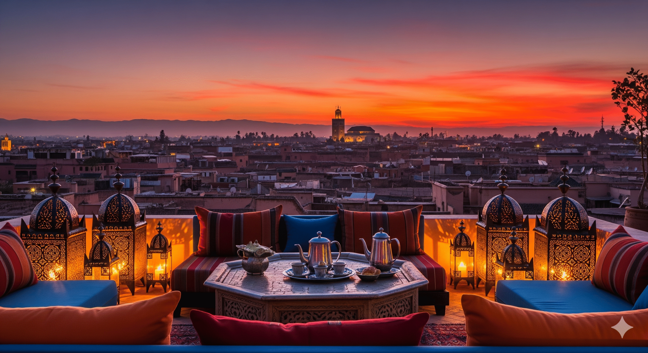 A magical sunset view over the Medina rooftops and Atlas Mountains from a cool Marrakech riad terrace, an essential part of where to stay in Marrakech.
