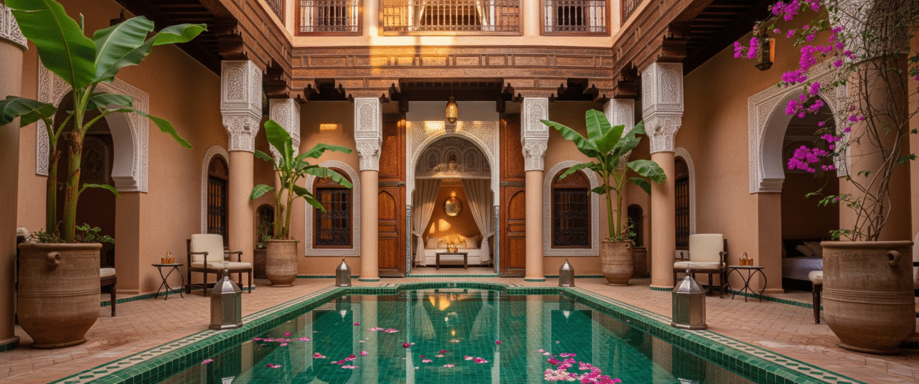 A stunning view of a luxury Marrakech riad courtyard with an emerald pool, a key consideration for where to stay in Marrakech for an authentic stay.