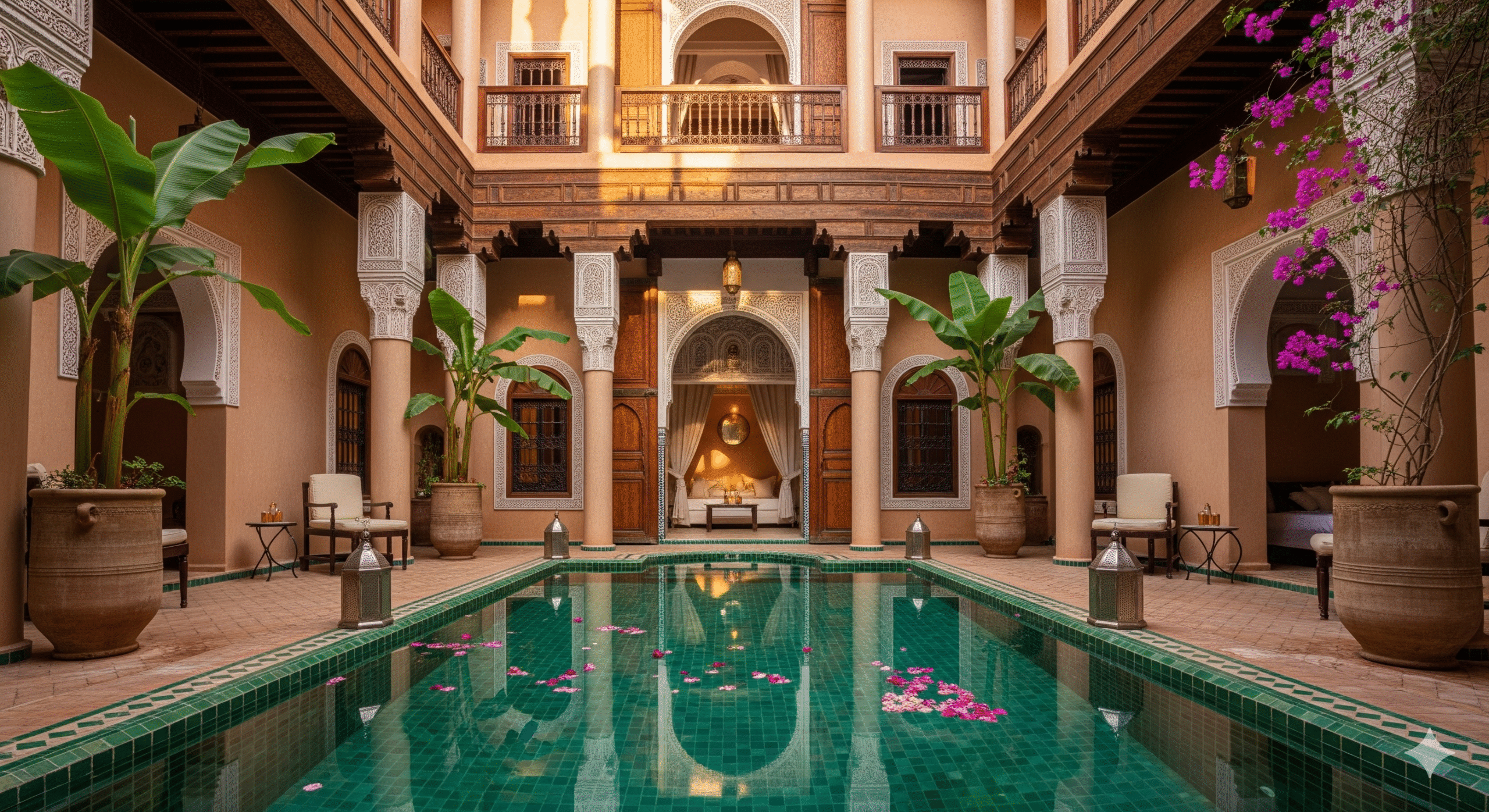 A stunning luxury Marrakech riad courtyard with an emerald pool — the perfect example of where to stay in Marrakech for an authentic experience