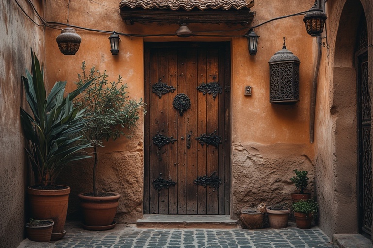 Traditional riad entrance door in Marrakech medina showcasing authentic affordable accommodation