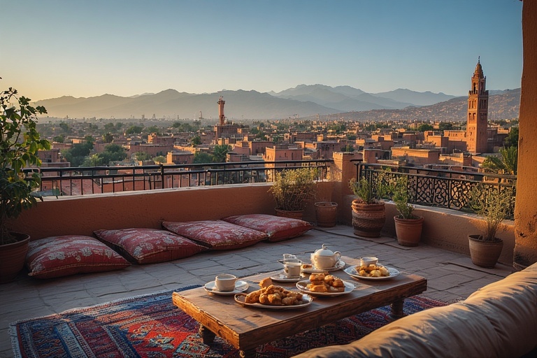 Rooftop terrace breakfast view at cheap riads in Marrakech overlooking medina and Atlas Mountains