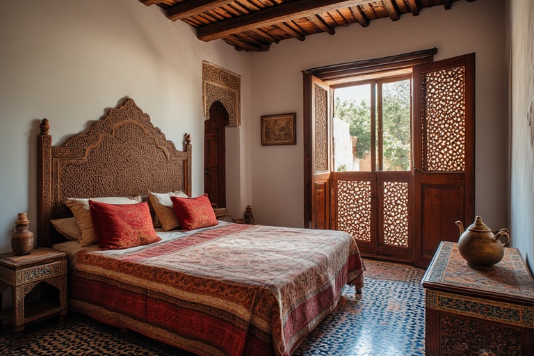 Traditional Moroccan riad bedroom with authentic decor in budget-friendly accommodation Marrakech