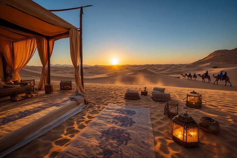 Agafay Desert luxury camp near Marrakech hotels, camel caravan at sunset beside private tent and pool, illustrating unforgettable Morocco travel