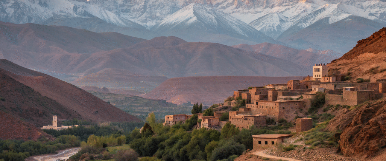 Atlas Mountains from Marrakech day trips featuring dramatic snow-capped peaks and traditional Berber villages at golden hour