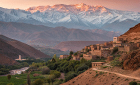Atlas Mountains from Marrakech day trips featuring dramatic snow-capped peaks and traditional Berber villages at golden hour