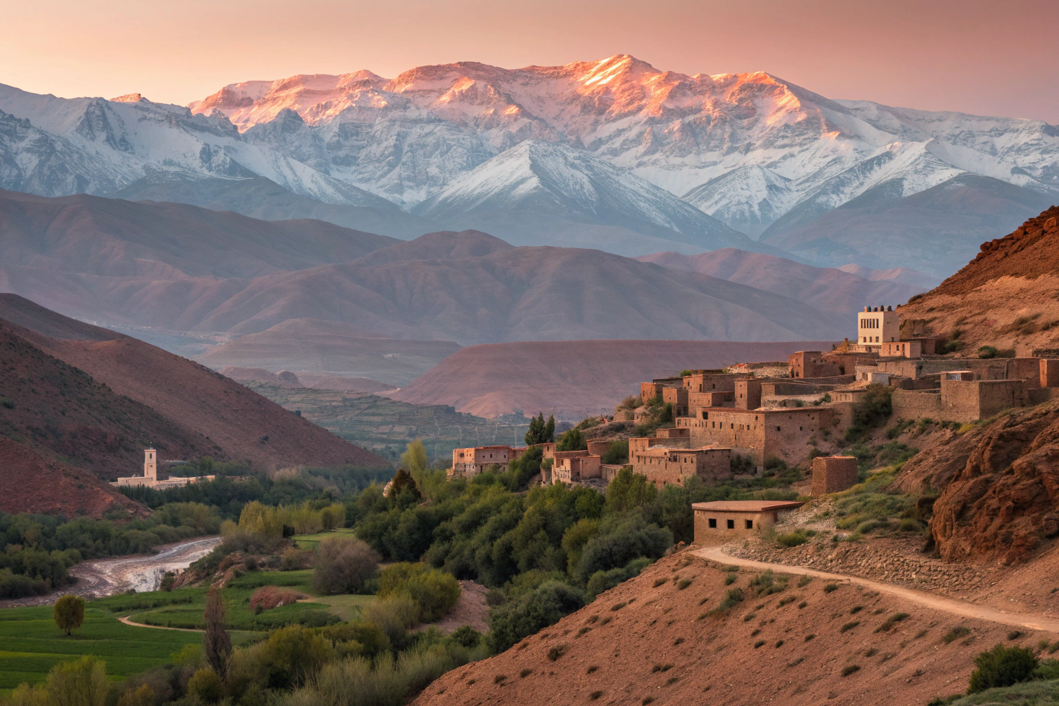 Atlas Mountains day trips from Marrakech featuring dramatic snow-capped peaks and traditional Berber villages at golden hour