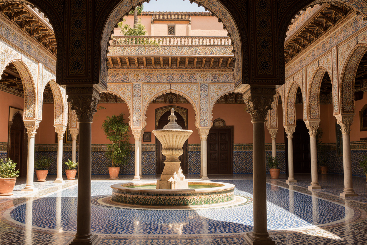 Bahia Palace Marrakech interior courtyard with traditional zellij tilework and Moroccan architectural details