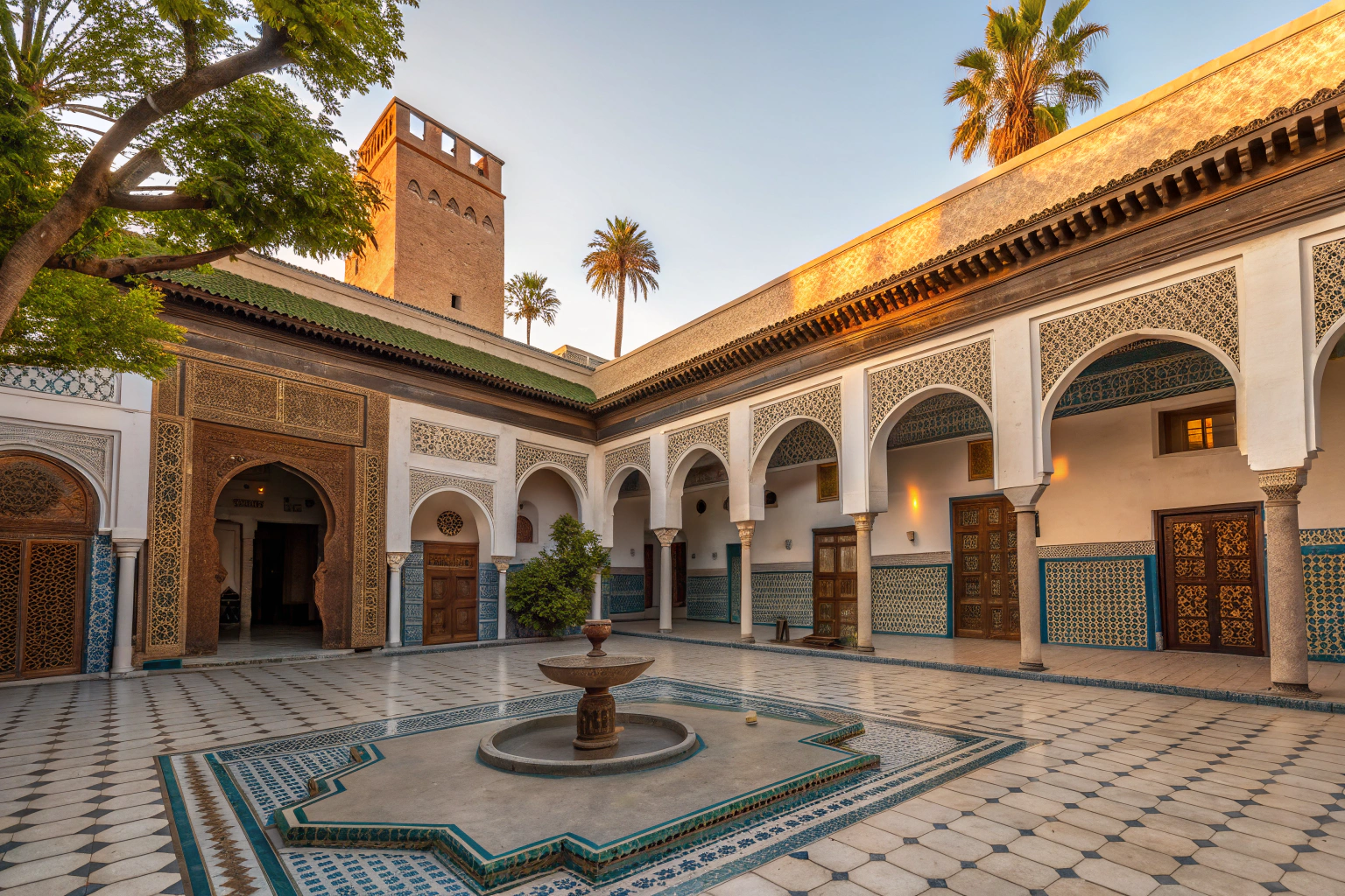 Bahia Palace intricate courtyard with Islamic architecture, top historical site in Marrakech