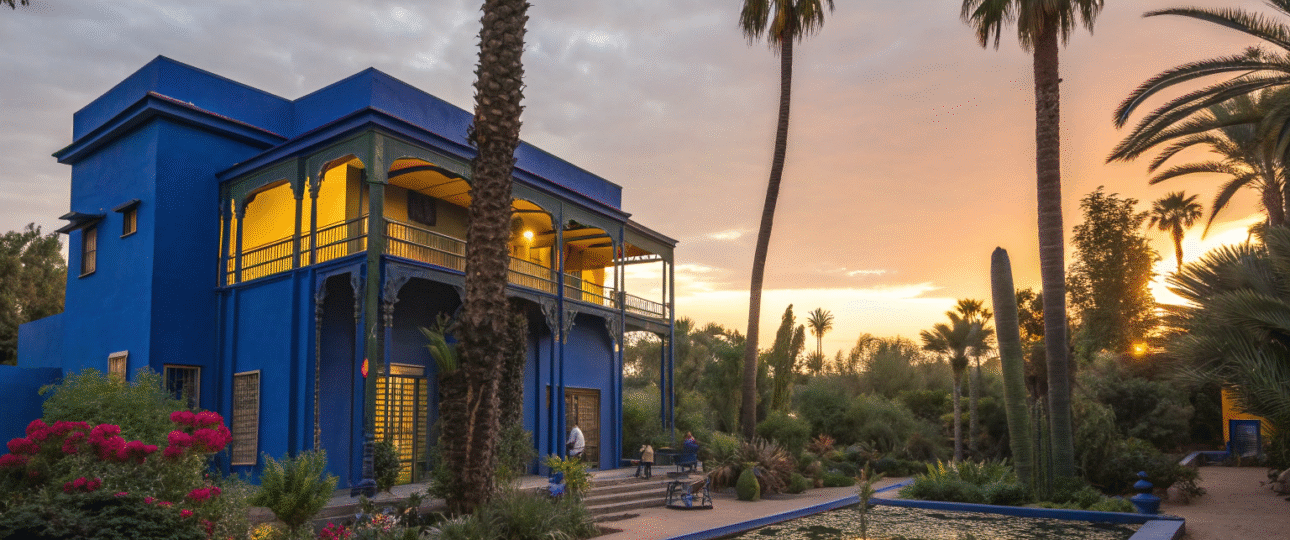 Cinematic wide shot of Jardin Majorelle Marrakech with cobalt blue buildings, lush exotic plants, and lily pond reflecting Moroccan garden beauty.