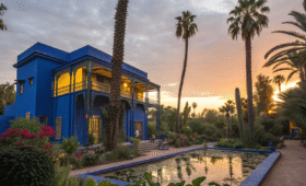 Cinematic wide shot of Jardin Majorelle Marrakech with cobalt blue buildings, lush exotic plants, and lily pond reflecting Moroccan garden beauty.