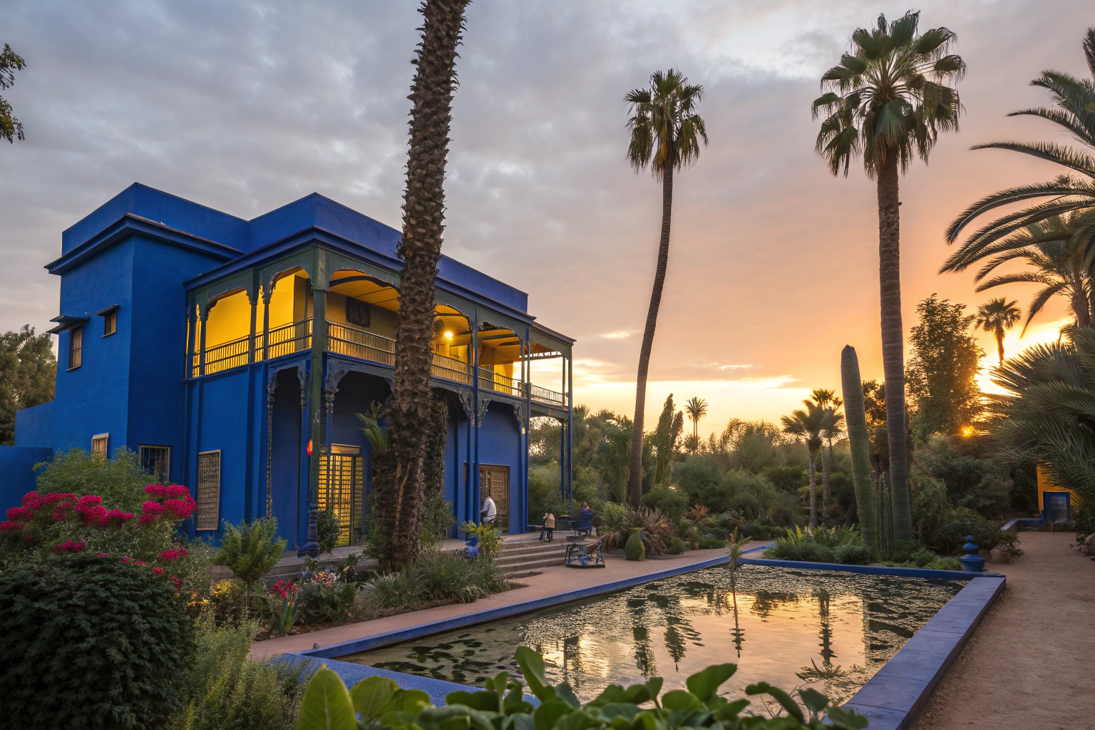 Jardin Majorelle Marrakech with cobalt blue buildings, exotic plants, and lily pond reflecting Moroccan garden beauty