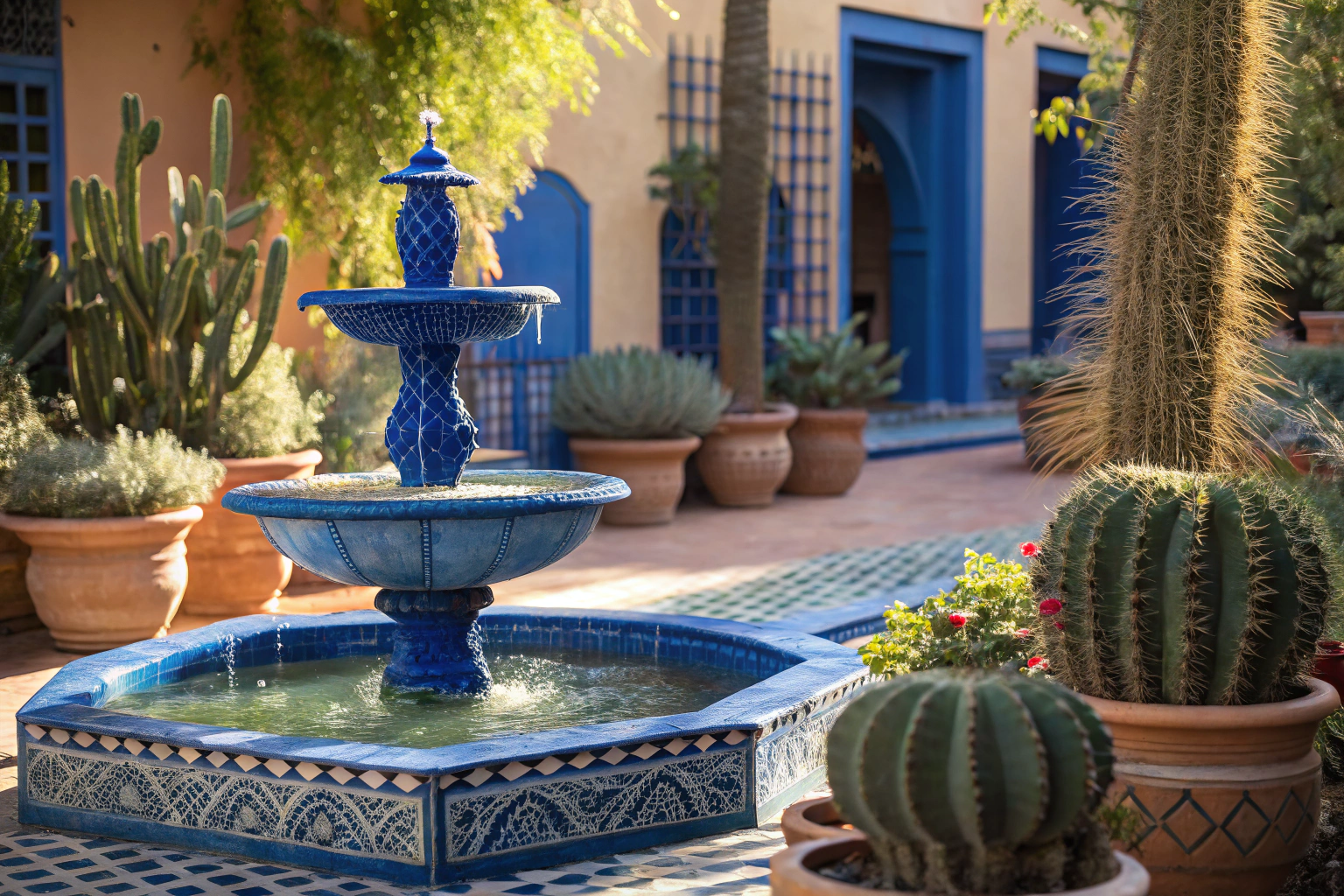 Close-up of cobalt blue fountain and cacti in Jardin Majorelle Marrakech, showcasing Moroccan craftsmanship and exotic plant textures.