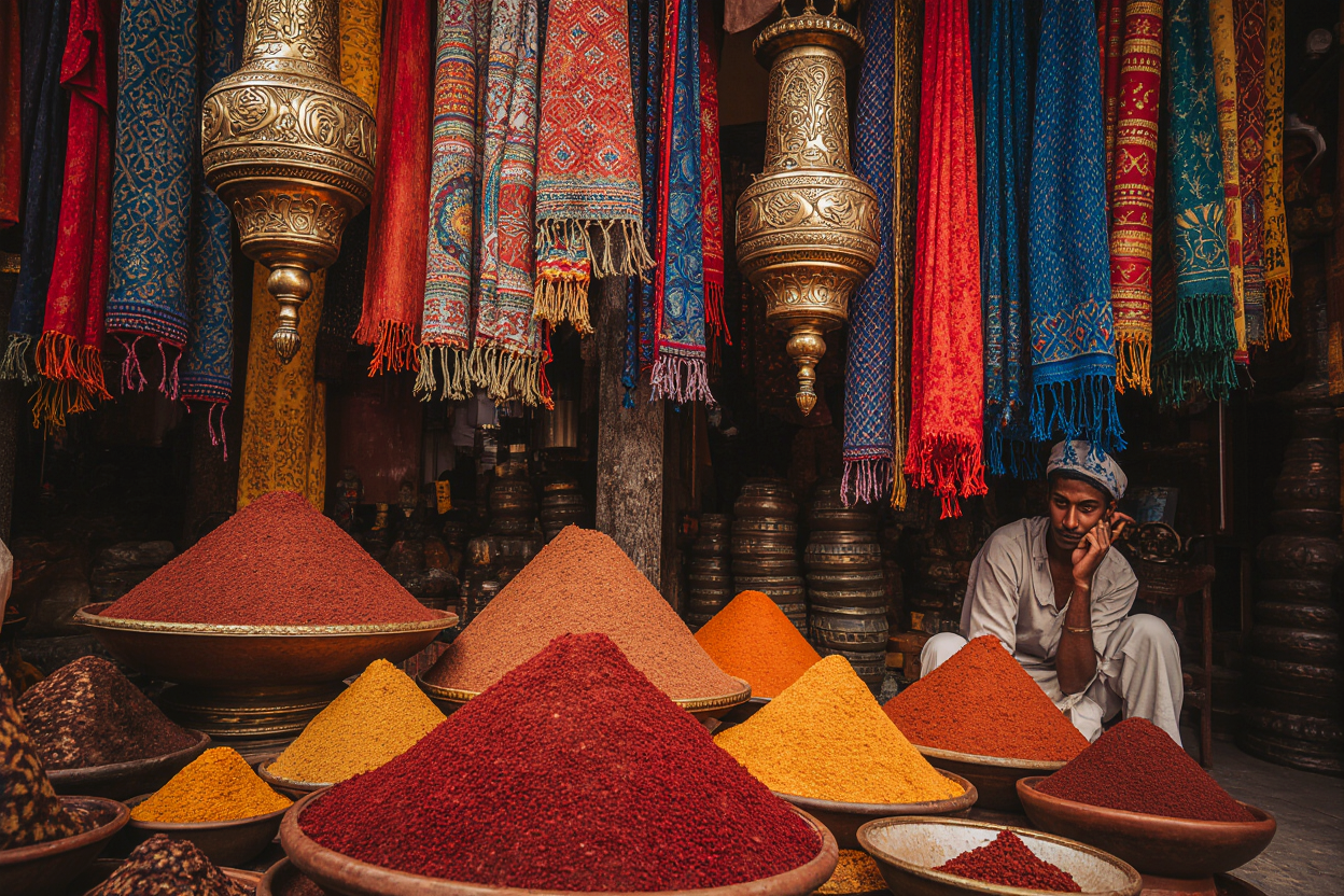 Colorful Marrakech souks marketplace with traditional textiles, brass lanterns, and spices in the historic Medina