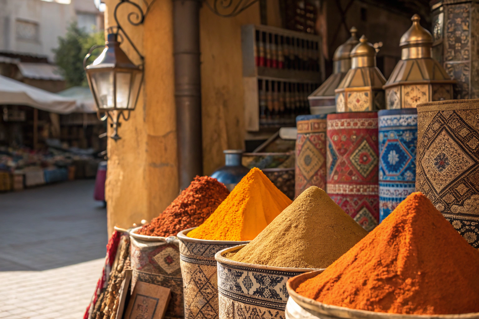 Colorful spices and traditional crafts in Marrakech souks, authentic shopping experience Morocco