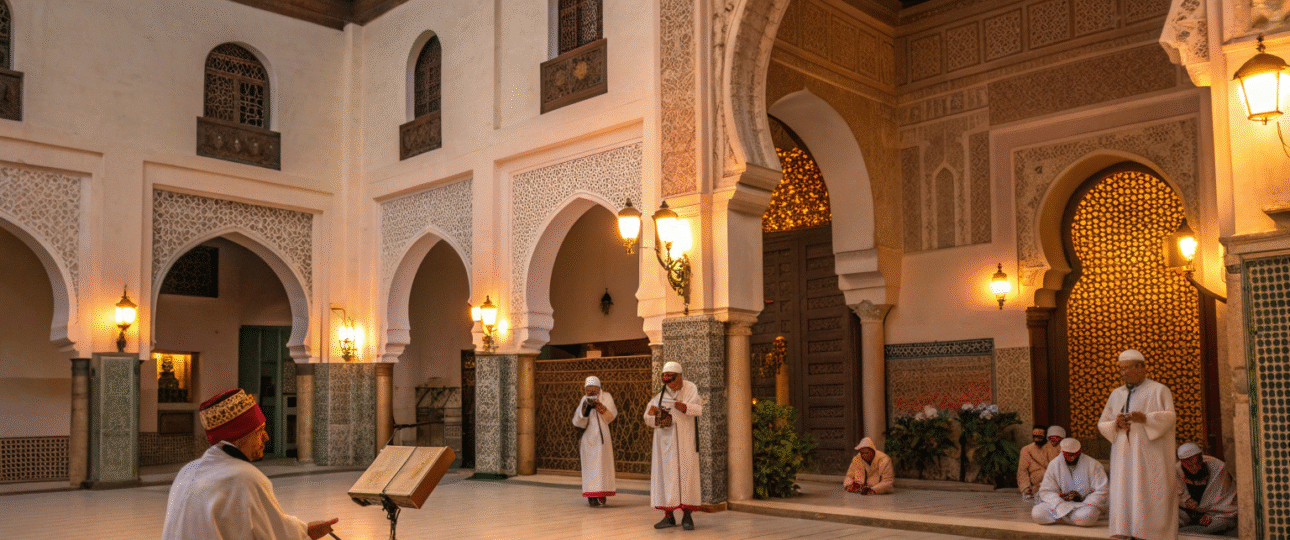 Cultural performances Marrakech featuring traditional Gnawa musicians in historic riad courtyard with Islamic architecture