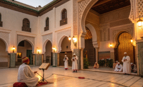 Cultural performances Marrakech featuring traditional Gnawa musicians in historic riad courtyard with Islamic architecture