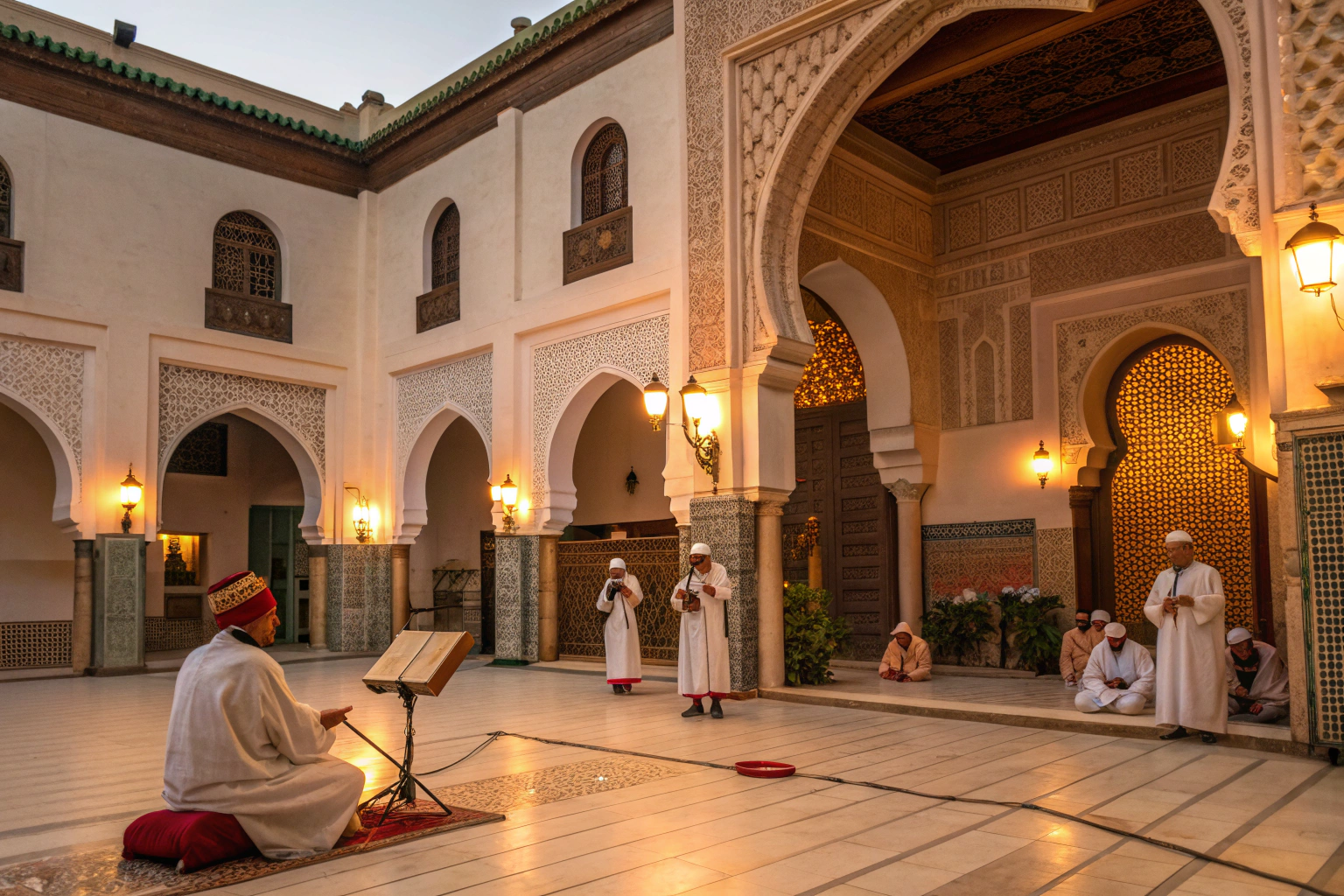 Cultural Performances Marrakech featuring traditional Gnawa musicians in a historic riad courtyard