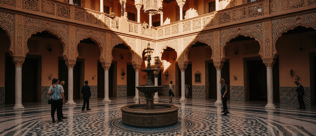 Dar Si Said Museum Marrakech courtyard with traditional zellige tilework fountain and carved wooden balconies showcasing Moroccan architecture