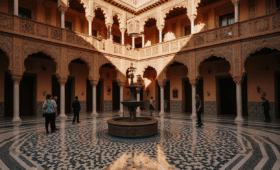 Dar Si Said Museum Marrakech courtyard with traditional zellige tilework fountain and carved wooden balconies showcasing Moroccan architecture