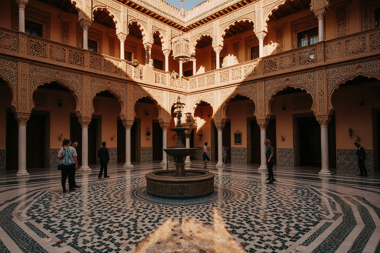 Dar Si Said Museum Marrakech courtyard with traditional zellige tilework fountain and carved wooden balconies showcasing Moroccan architecture