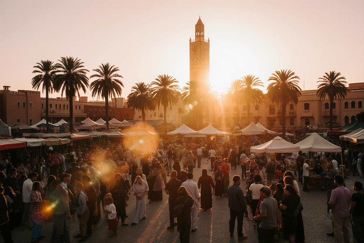 Djemaa el-Fna square in Marrakech Medina at sunset with Koutoubia Mosque and traditional Moroccan street life