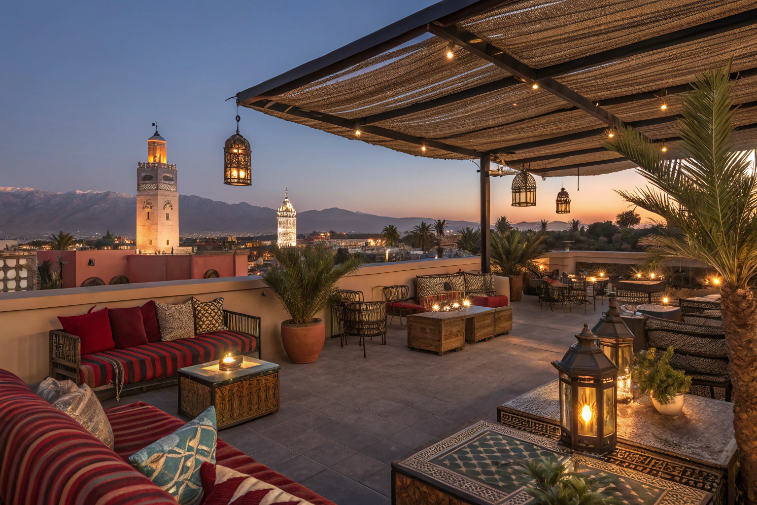 Elegant Marrakech rooftop bar with panoramic medina views and cocktails during golden hour evening entertainment