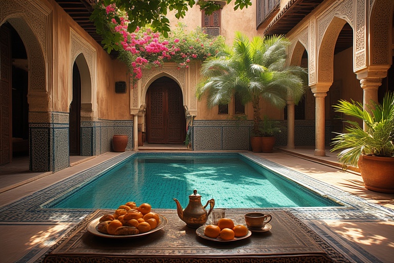 Elegant riad courtyard with tiled plunge pool, carved arches, and mint-tea breakfast highlighting coolest riads in Marrakech for where to stay in Marrakech seekers