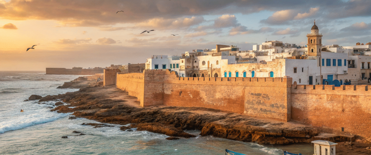 Essaouira day trip from Marrakech showing blue fishing boats in harbor with UNESCO medina and Atlantic coastline at golden hour