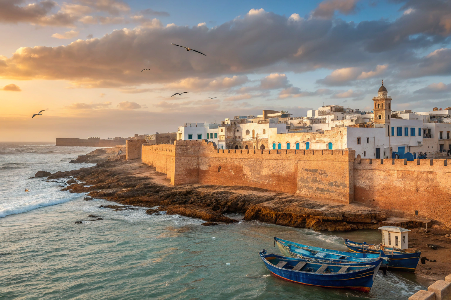 Essaouira day trip from Marrakech showing blue fishing boats in harbor with UNESCO medina and Atlantic coastline at golden hour