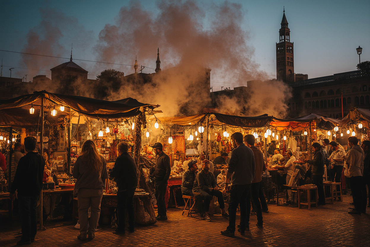 Evening atmosphere at Jemaa el-Fna square in Marrakech Medina with traditional food stalls and cultural performances