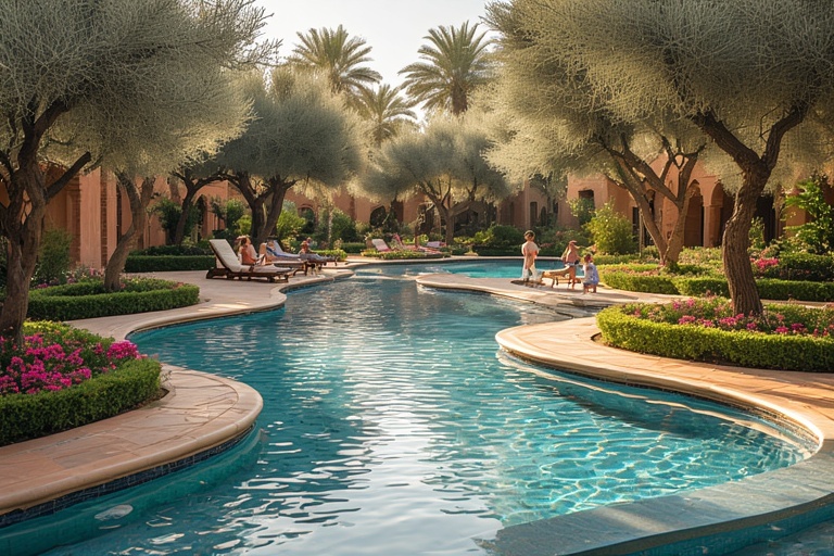 Four Seasons Marrakech pool scene highlighting family-friendly luxury, lush gardens, and elegant Moorish design within premium Marrakech hotels
