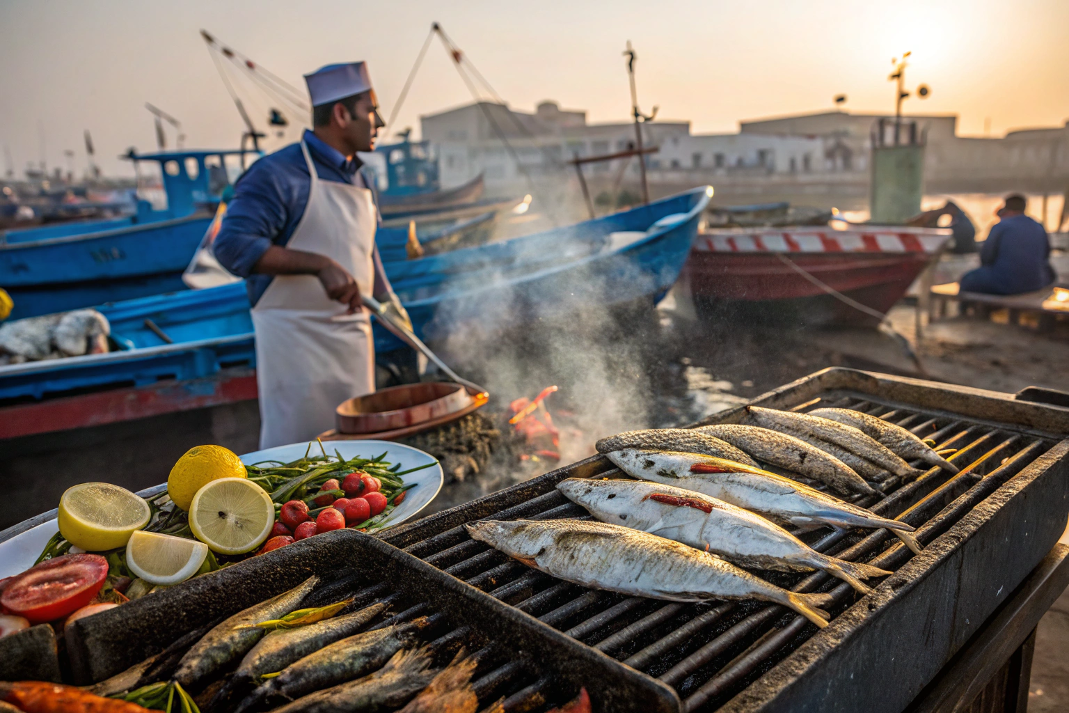 Fresh seafood lunch at Essaouira port showing grilled fish and traditional blue boats during day trip from Marrakech