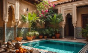 Golden hour panorama of Marrakech rooftops, Koutoubia Mosque, and Atlas Mountains evoking where to stay in Marrakech and Marrakech luxury travel inspiration