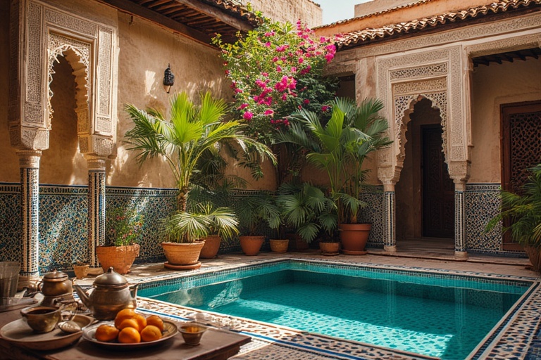 Golden hour panorama of Marrakech rooftops, Koutoubia Mosque, and Atlas Mountains evoking where to stay in Marrakech and Marrakech luxury travel inspiration