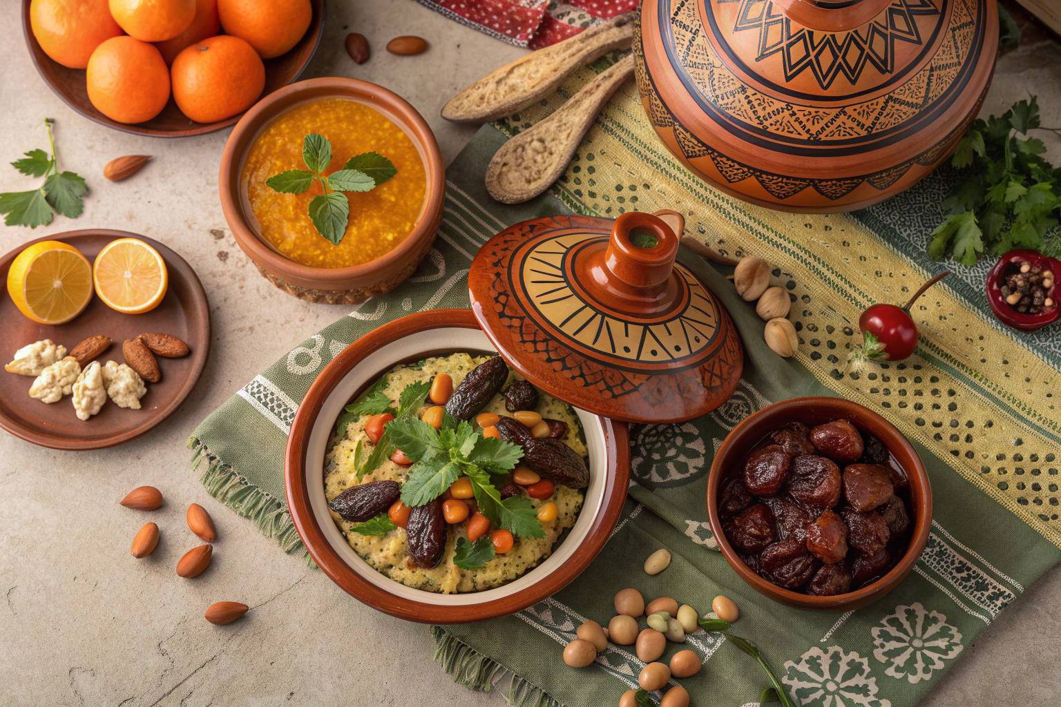 Healthy Moroccan wellness cuisine with argan oil, fresh ingredients, and traditional serving dishes at spa retreat