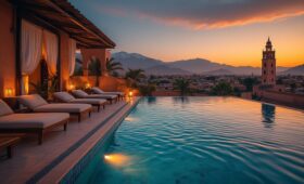 Hero view of Marrakech hotels rooftop pool overlooking Koutoubia Mosque and Atlas Mountains at sunset, showcasing luxury Morocco travel allure.