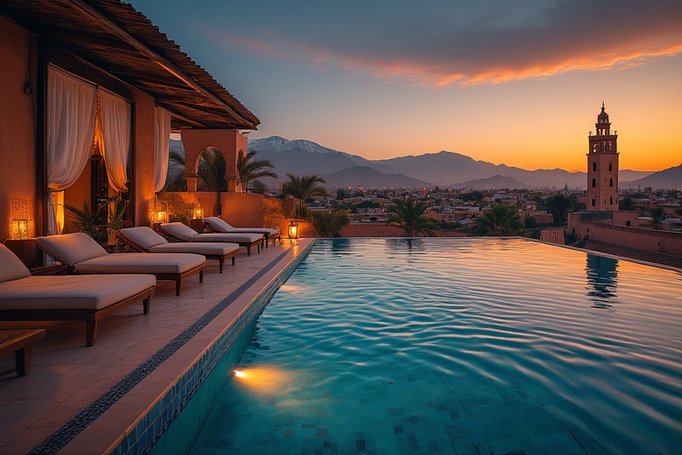 Hero view of Marrakech hotels rooftop pool overlooking Koutoubia Mosque and Atlas Mountains at sunset, showcasing luxury Morocco travel allure.