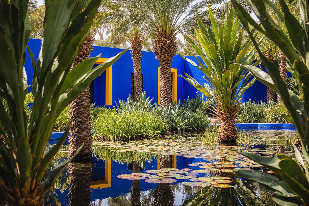 Jardin Majorelle blue villa and exotic plants - famous Marrakech garden attractions and cultural points of interest