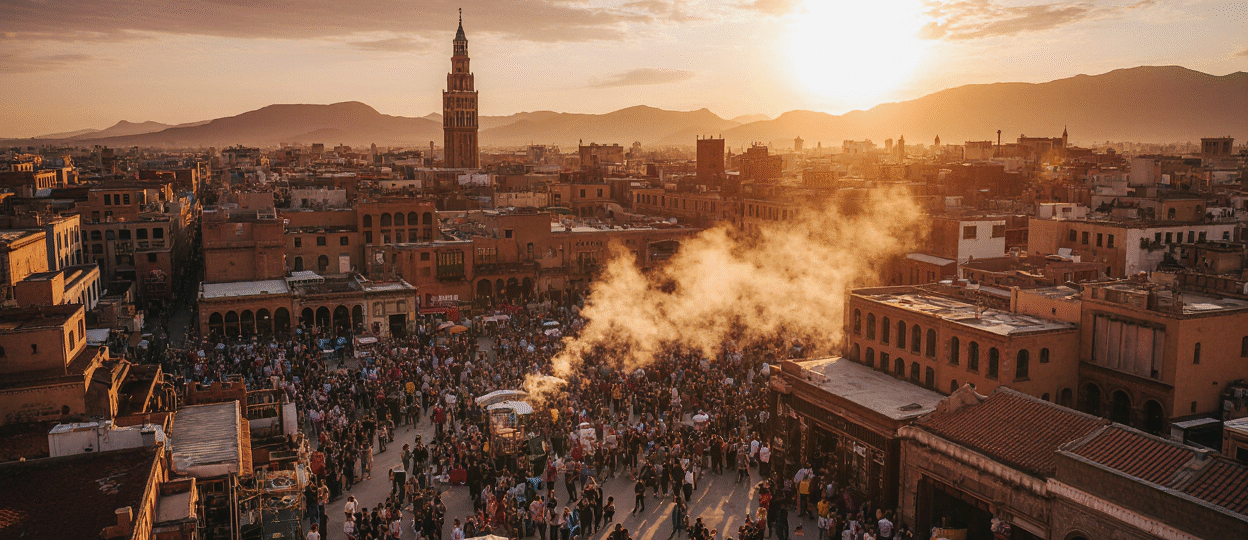 Jemaa el-Fna square Marrakech at sunset with Koutoubia Mosque - top Marrakech attractions and points of interest