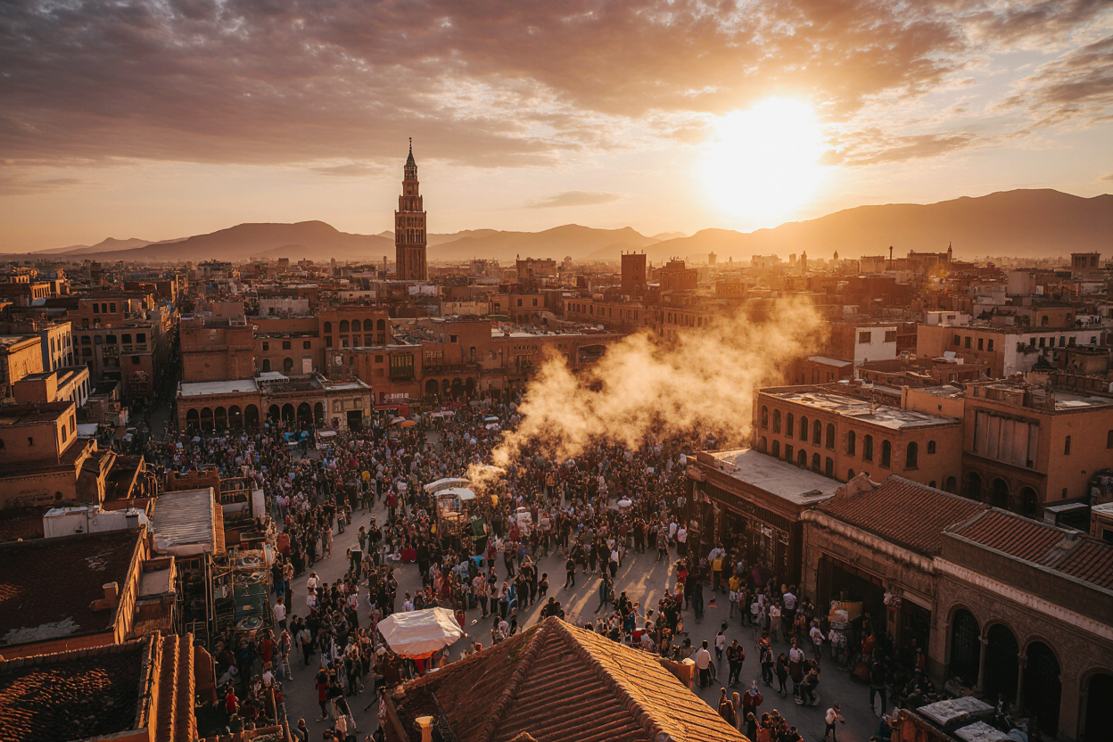 Jemaa el-Fna square Marrakech at sunset with Koutoubia Mosque - top Marrakech attractions and points of interest