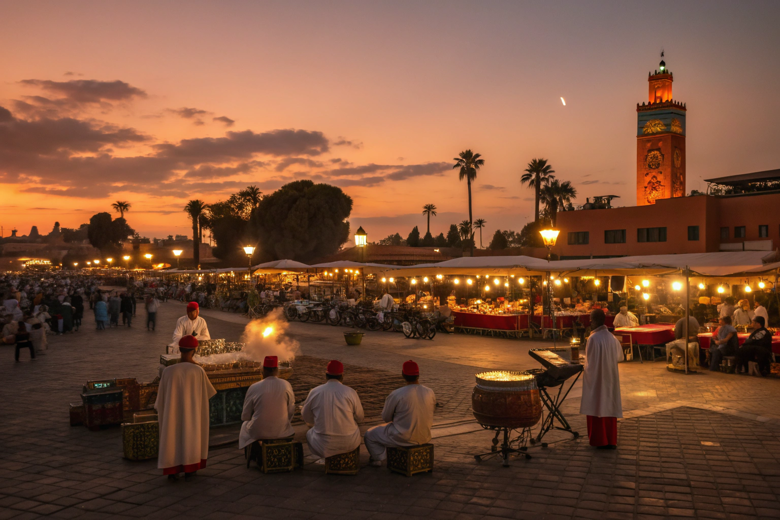 Jemaa el-Fna square at night with traditional Moroccan street performers and cultural evening entertainment in Marrakech