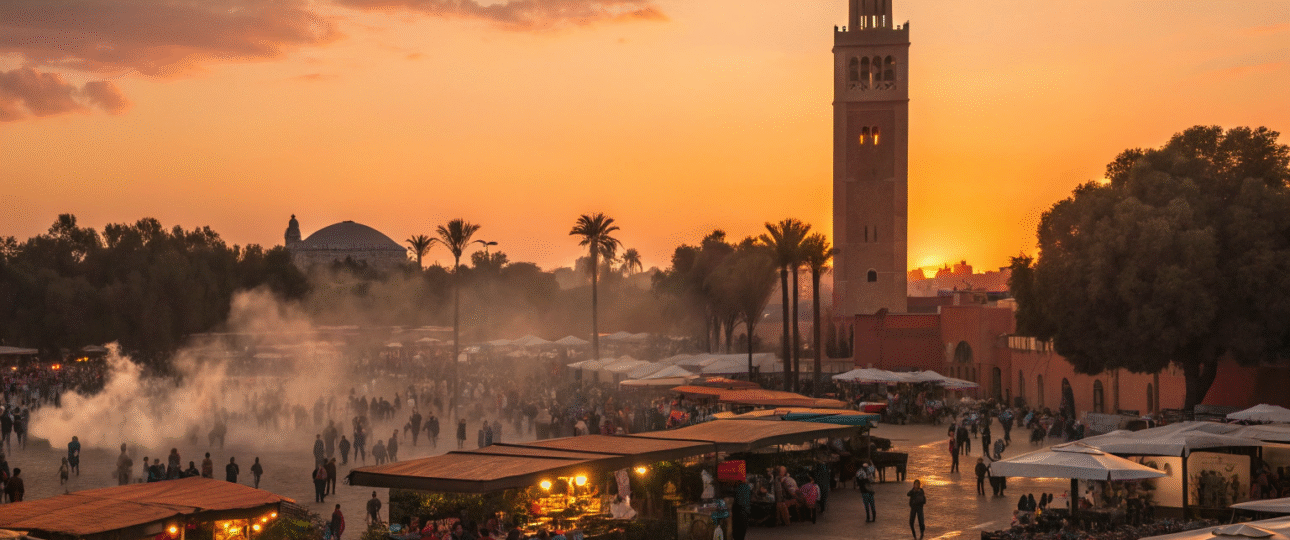 Jemaa el-Fna square at sunset with Koutoubia Mosque, showing best things to do in Marrakech Morocco