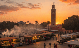 Jemaa el-Fna square at sunset with Koutoubia Mosque, showing best things to do in Marrakech Morocco
