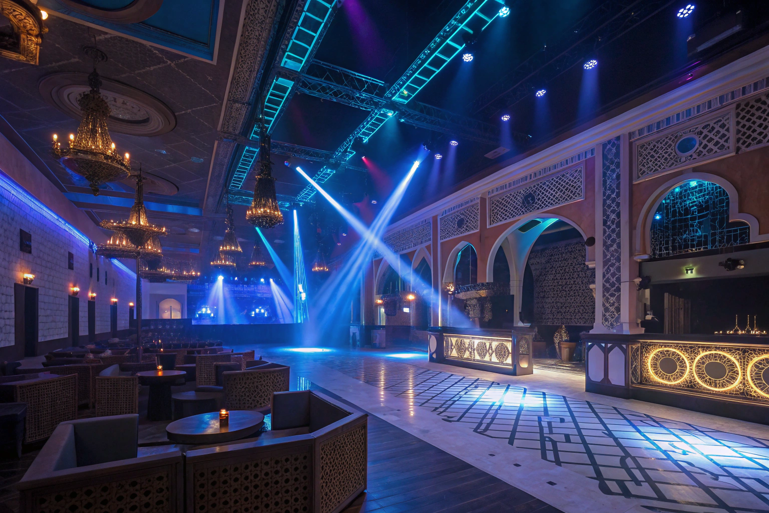 Luxury Marrakech nightclub interior with dramatic lighting and traditional Moroccan décor elements for premium nightlife