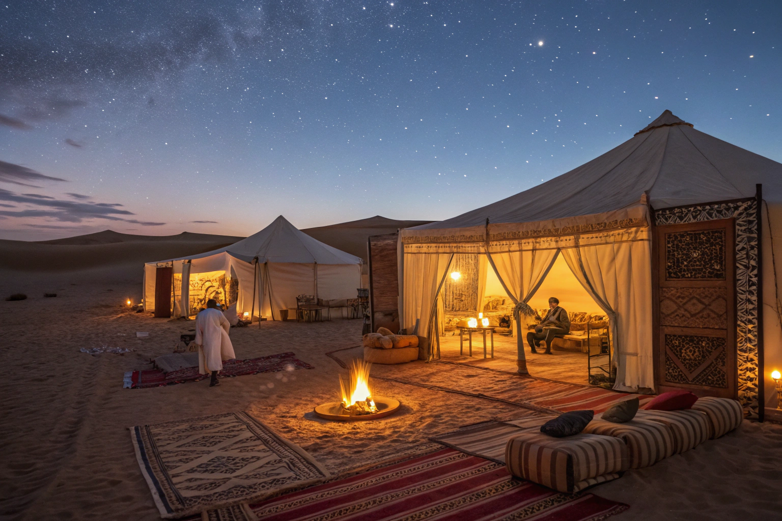 Luxury Sahara desert tour camp from Marrakech with traditional Berber tents and campfire under starry sky
