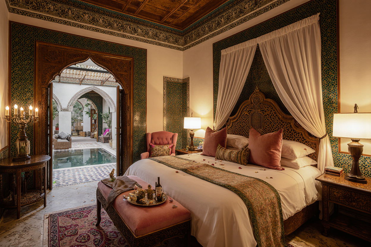 Luxury hotel suite interior in Marrakech Medina featuring traditional Moroccan design, ornate furnishings, and authentic craftsmanship
