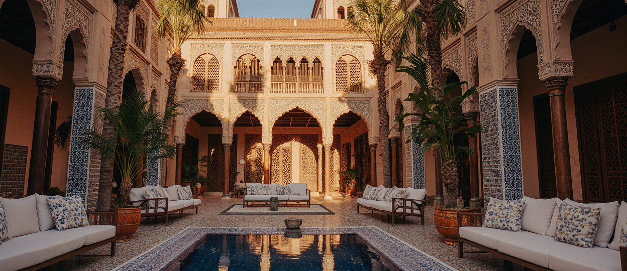 Luxury Hotels Marrakech Medina with traditional Moroccan architecture, fountain, and golden hour lighting