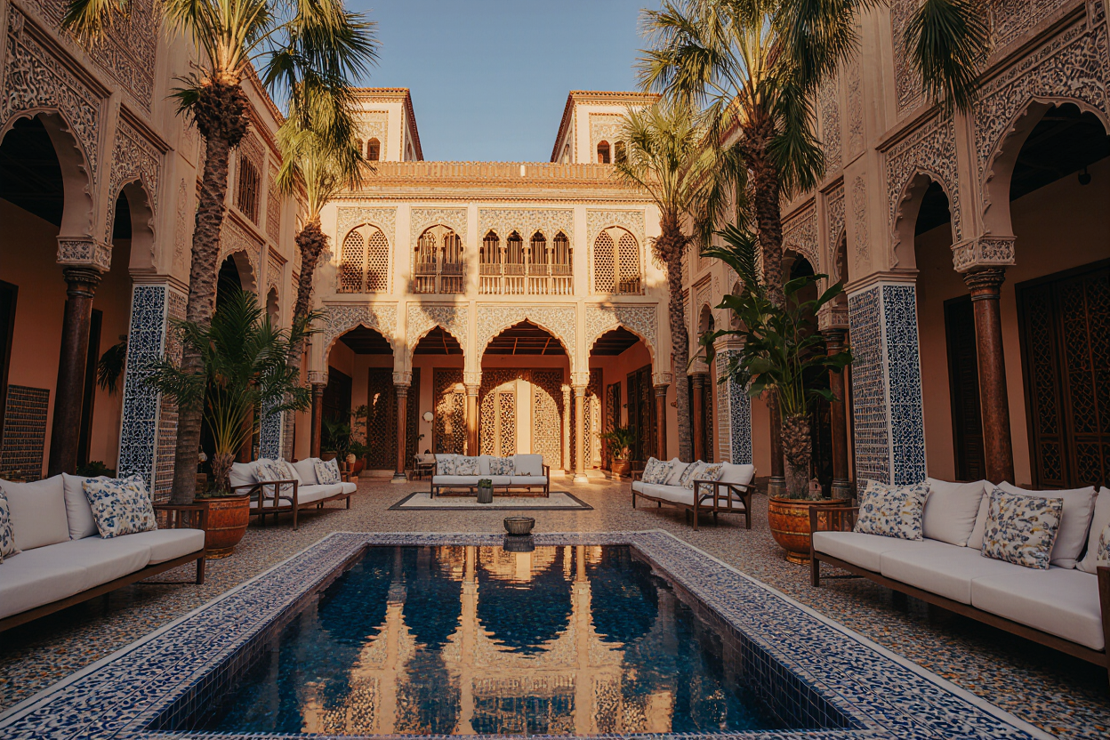 Luxury riad courtyard in Marrakech Medina with traditional Moroccan architecture fountain and golden hour lighting